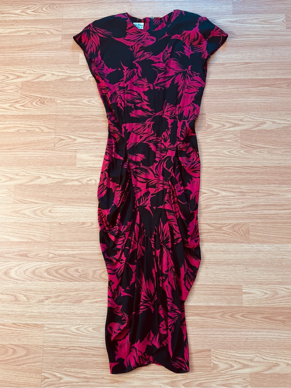Vintage Joni Blair Tropical Floral Midi Dress Sz 3 Pinup Ruched Skirt 80s 90s